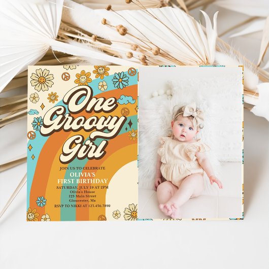 Een Groovy Meisje Retro Regenboog 1e Verjaardag Fo Kaart