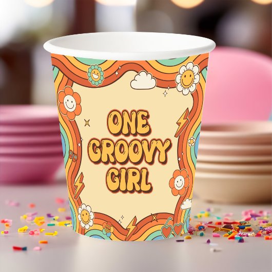 Een Groovy Meisje Retro Regenboog 1e Verjaardagsfe Papieren Bekers