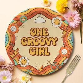 Een Groovy Meisje Retro Regenboog 1e Verjaardagsfe Papieren Bordje