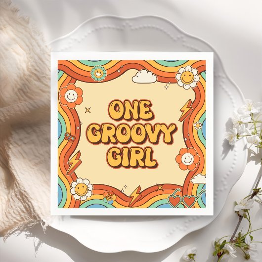 Een Groovy Meisje Retro Regenboog 1e Verjaardagsfe Servet