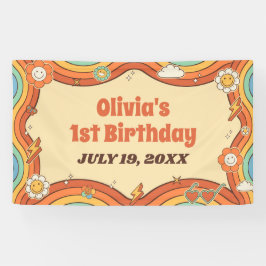 Een Groovy Meisje Retro Regenboog 1e Verjaardagsfe Spandoek