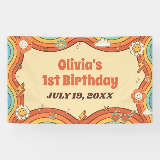 Een Groovy Meisje Retro Regenboog 1e Verjaardagsfe Spandoek (Horizontaal)