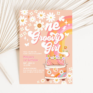 Eén groovy meisje roze perzik Van Daisy 1e verjaar Kaart