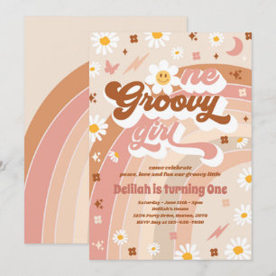 Eén groovy meisje vrede liefde feest regenboog ver kaart