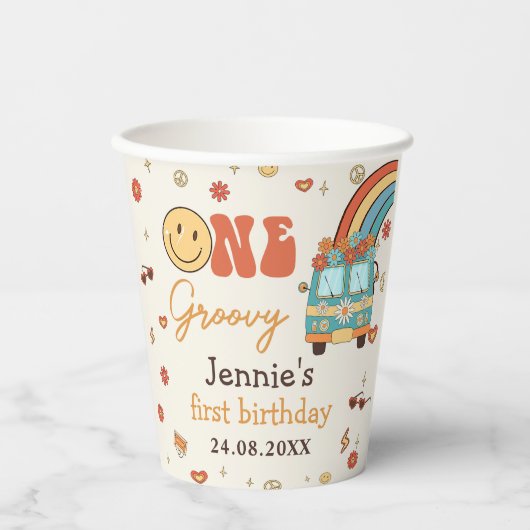 Een Groovy Retro Regenboog 1e Verjaardag Papieren Bekers (Voorkant)
