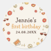 Een Groovy Retro Regenboog 1e Verjaardag Ronde Sticker (Voorkant)