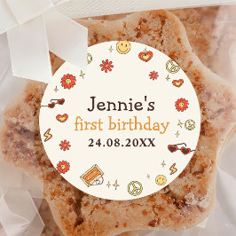 Een Groovy Retro Regenboog 1e Verjaardag Ronde Sticker