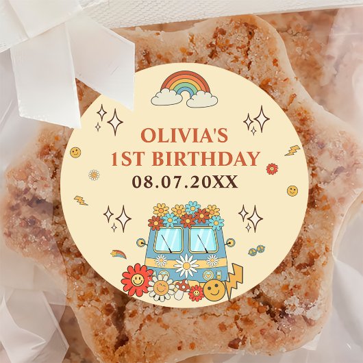 Een Groovy Retro Regenboog 1e Verjaardag Ronde Sticker