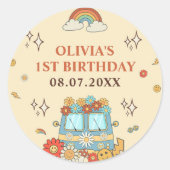 Een Groovy Retro Regenboog 1e Verjaardag Ronde Sticker (Voorkant)