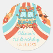 Een Groovy Retro Regenboog 1e Verjaardag Ronde Sticker (Voorkant)