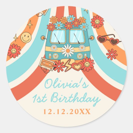 Een Groovy Retro Regenboog 1e Verjaardag Ronde Sticker (Voorkant)