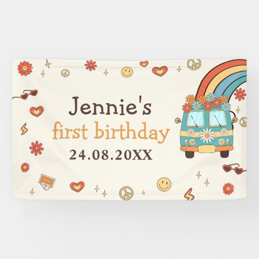 Een Groovy Retro Regenboog 1e Verjaardag Spandoek (Horizontaal)