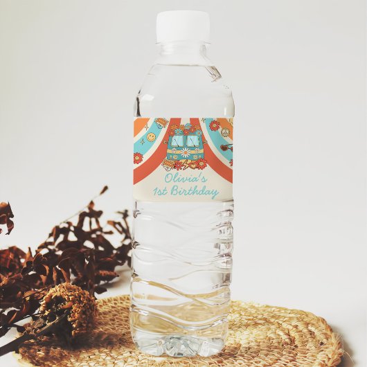 Een Groovy Retro Regenboog 1e Verjaardag Waterfles Etiket