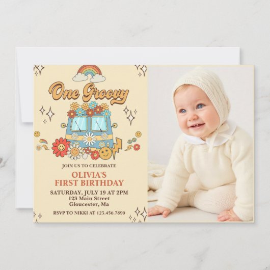 Een Groovy Retro Regenboog 1e Verjaardagsfeestfoto Kaart (Voorkant)