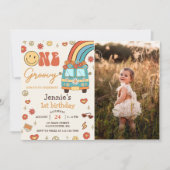 Een Groovy Retro Regenboog 1e Verjaardagsfeestfoto Kaart (Voorkant)