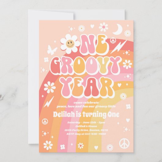 Eén Groovy Year Peace Love Party Rainbow Birthday Kaart (Voorkant)
