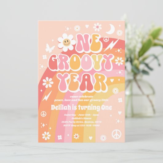 Eén Groovy Year Peace Love Party Rainbow Birthday Kaart (Staand voorkant)