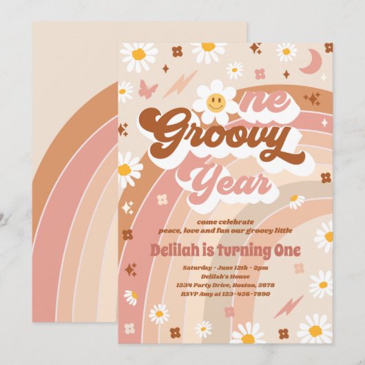 Eén Groovy Year Peace Love Party Rainbow Birthday Kaart (Voorkant / Achterkant)