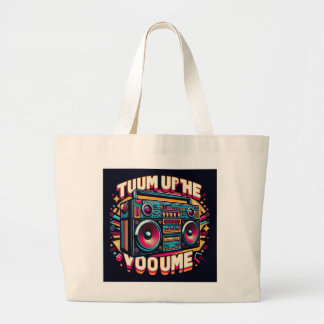 Een grote boombox-afbeelding met "Turn Up the Volu Tote Bag