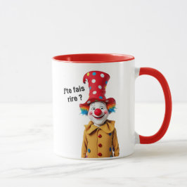 Een grote clown met veel kleuren en een grote rode mok