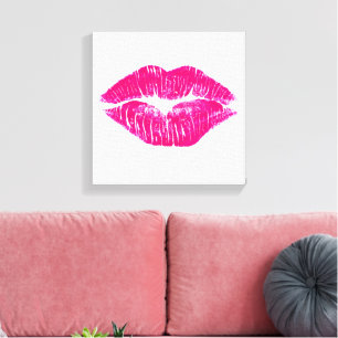 Een grote kus roze lippen moderne kunst aan de muu canvas afdruk