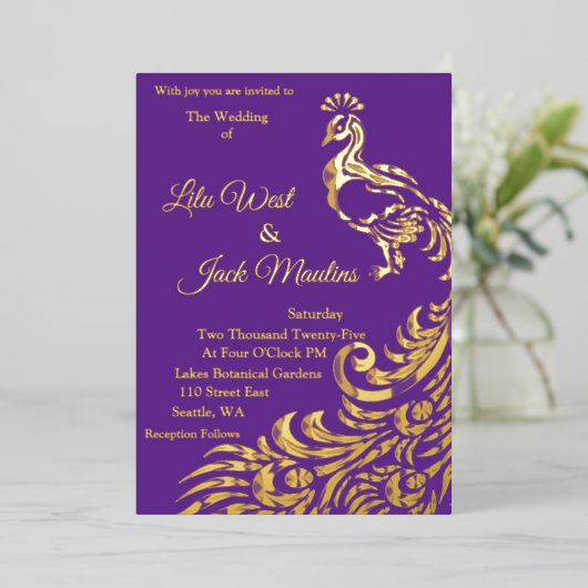 Een grote pauw bruiloft Folie uitnodiging (Staand Voorkant)