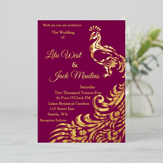 Een grote pauw bruiloft Folie uitnodiging (Staand Voorkant)