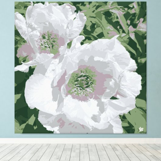 Een grote witte pioen op canvas. canvas afdruk (Insitu (Houten vloer))