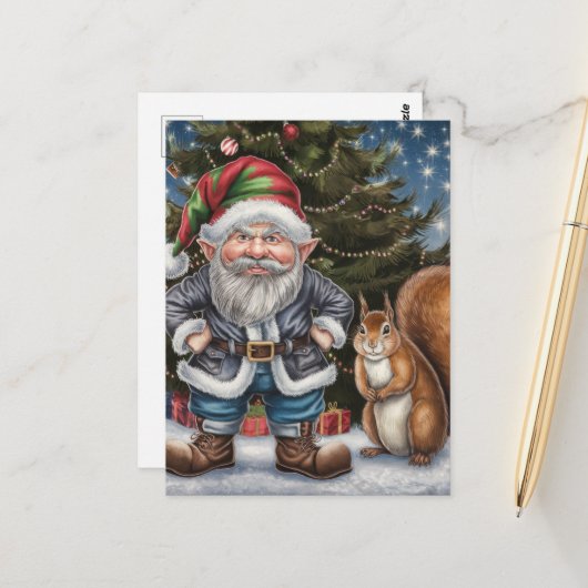 Een Grumpy Gnome en Eekhoorn Kerstmis Briefkaart (Voorkant / Achterkant in situ)