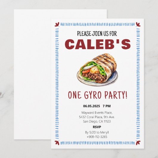 Een gyro party Griekse eerste verjaardag partij Kaart (Voorkant / Achterkant)