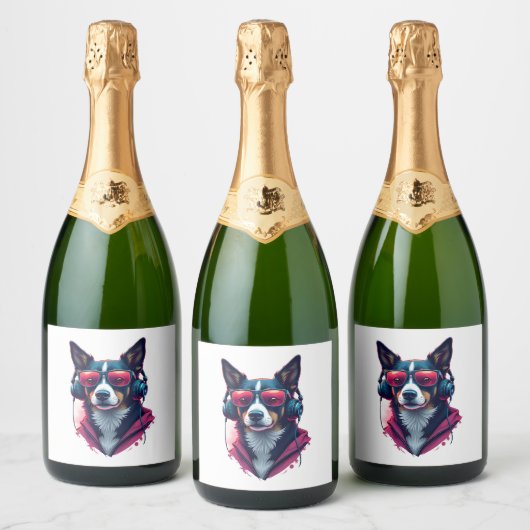 Een Habu hond met een zonnebril en een koptelefoon Sparkling Wijnetiket (Flessen)