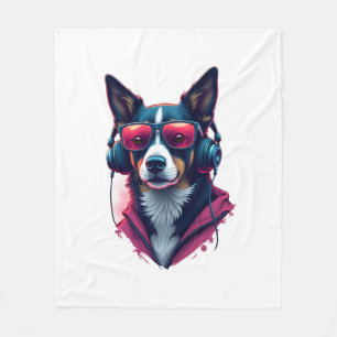 Een Habu-hond met een zonnebril en koptelefoon op Fleece Deken