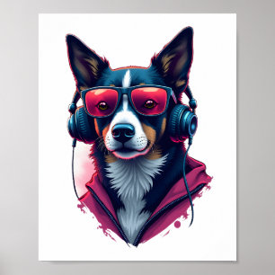 Een Habu-hond met een zonnebril en koptelefoon op Poster