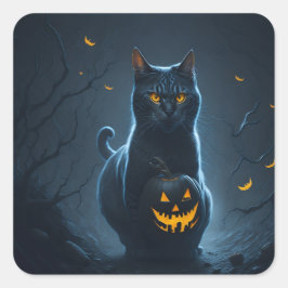 Een Halloween kat met een gloeiende jackolantern Vierkante Sticker