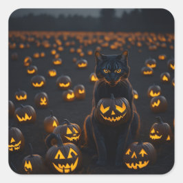 Een Halloween kat met een gloeiende pompoen Vierkante Sticker