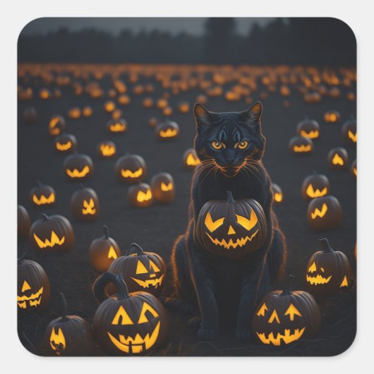 Een Halloween kat met een gloeiende pompoen Vierkante Sticker (Voorkant)