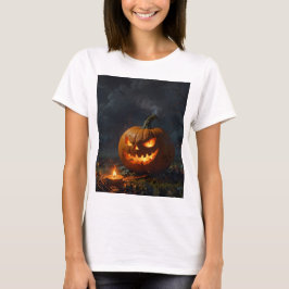 Een Halloween-pompoen met een eng gezicht erop T-shirt