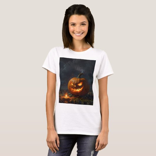 Een Halloween-pompoen met een eng gezicht erop T-shirt (Voorkant volledig)