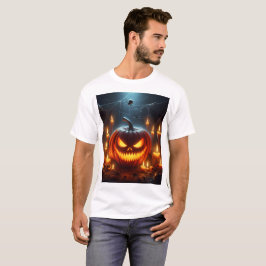 Een Halloween pompoen met een eng gezicht in het m T-shirt