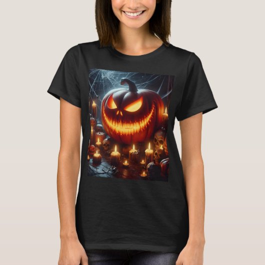 Een Halloween pompoen met een eng gezicht in het m T-shirt (Voorkant)