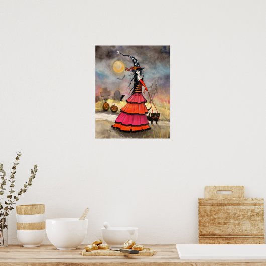 Een Halloween Stroll Fantasy Witch Black Cats Post Poster (Keuken)