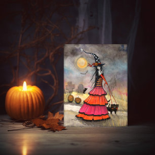 Een Halloween-wandelfantasie heks en katten Kaart