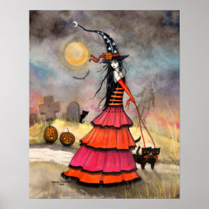 Een Halloween-wandelfantasie Heksen Zwart Kat Post Poster
