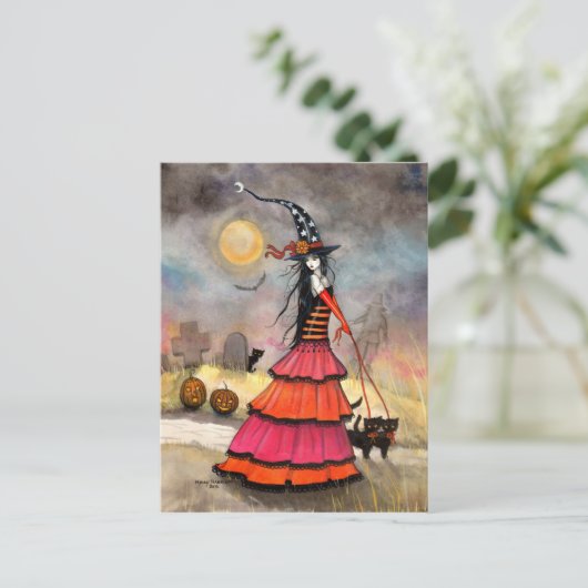 Een Halloween wandeling heks en zwarte katten kuns Briefkaart (Staand voorkant)