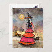 Een Halloween wandeling heks en zwarte katten kuns Briefkaart (Voorkant / Achterkant)