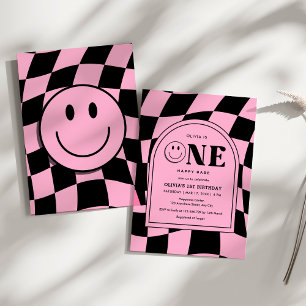Een Happy Babe Happy Face Roze Meisje 1e verjaarda Kaart