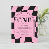 Een Happy Babe Happy Face Roze Meisje 1e verjaarda Kaart (Staand voorkant)