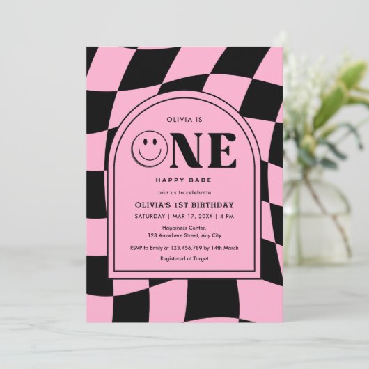 Een Happy Babe Happy Face Roze Meisje 1e verjaarda Kaart (Staand voorkant)