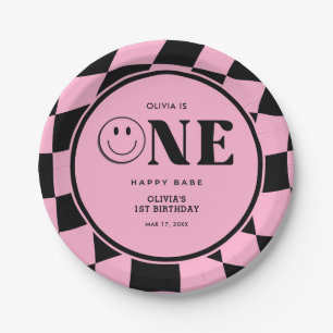 Een Happy Babe Happy Face Roze Meisje 1e verjaarda Papieren Bordje