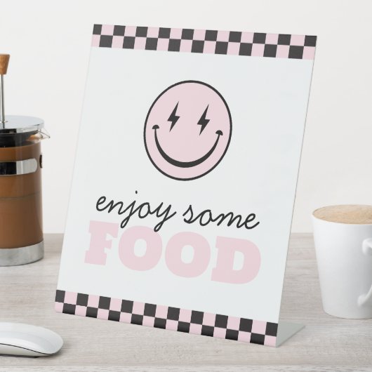 Een Happy Babe Pink Smile Face Food Station Reclamebord Met Voetstuk (Insitu)